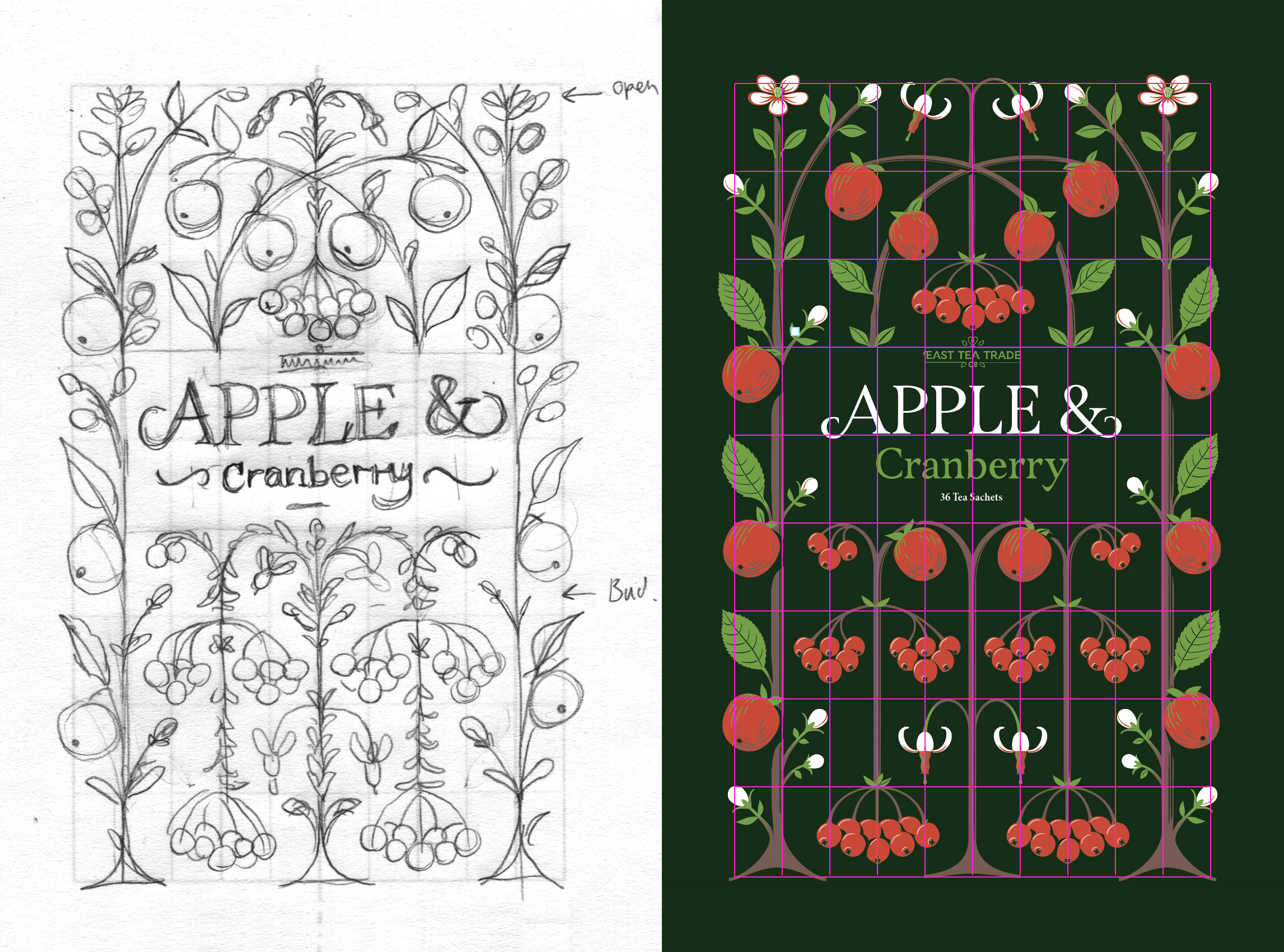 Original sketch Apple & Cranberry sketch and the underlaying grid