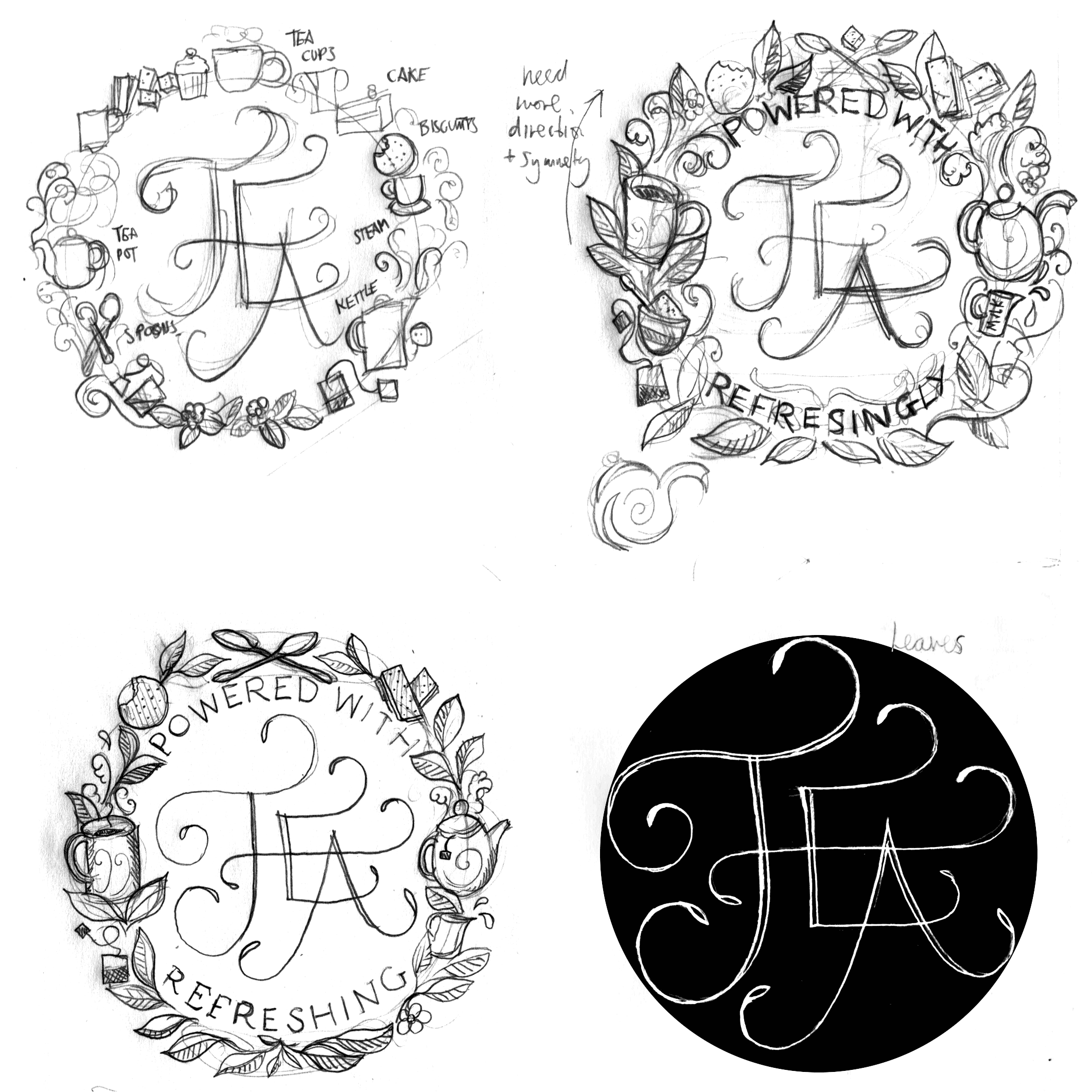 Element sketches for the laurel. I nearly got a slice of cake in there too.