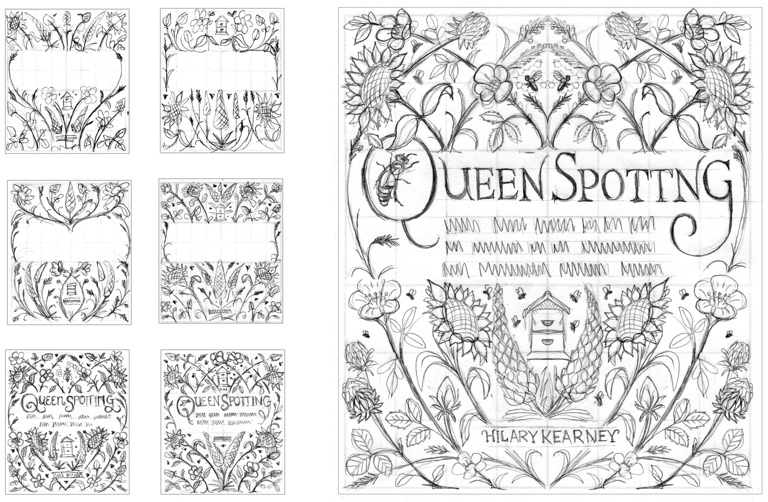 Sketch progression. Initial sketches and the refined sketch with the underlying grid peeking through.