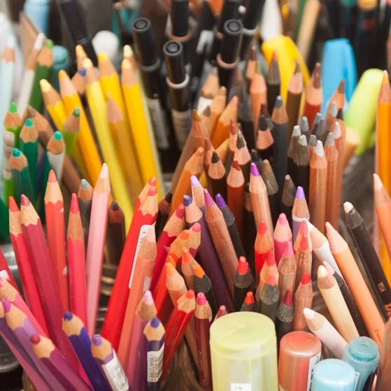 Just a sampling of the colored pencils on Ana Reinert's actual well-appointed desk.