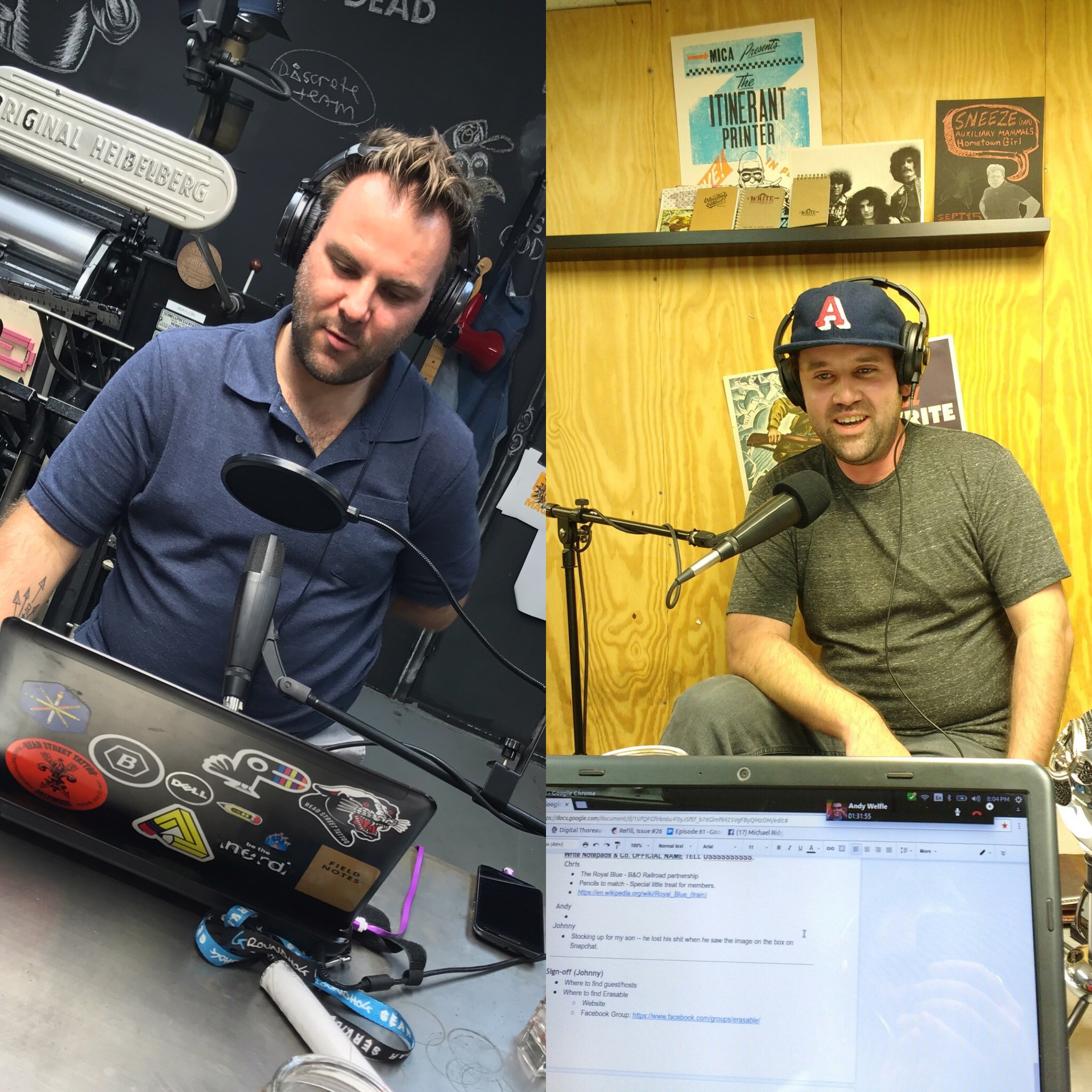 Johnny Gamber (left) recording from the Write Notepads & Co. factory floor with WNP owner Chris Rothe (right).