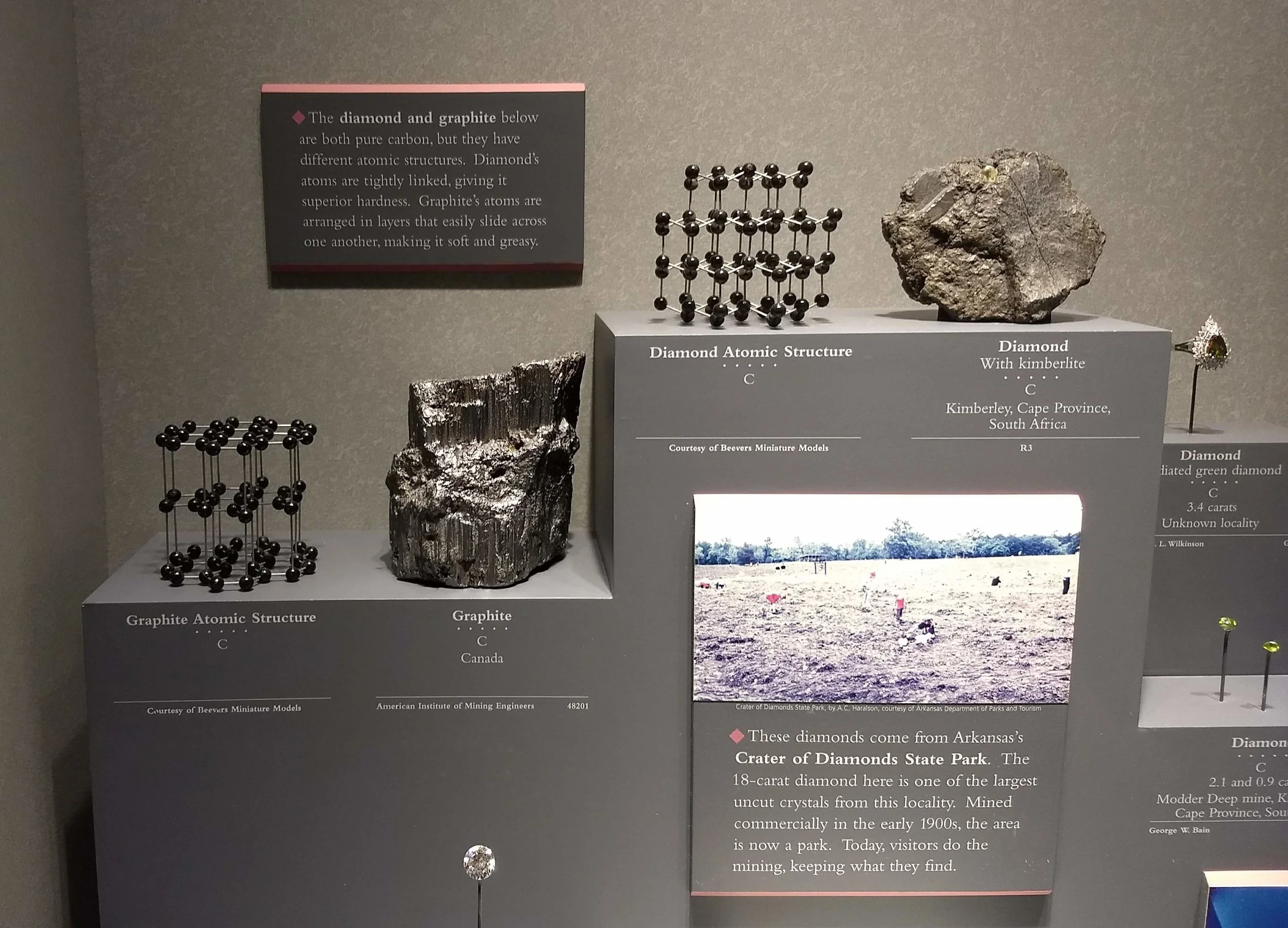 An exhibit at the Smithsonian Museum of Natural History in Washington, DC about graphite and diamond, and their different molecular structures. Photo by Johnny Gamber.