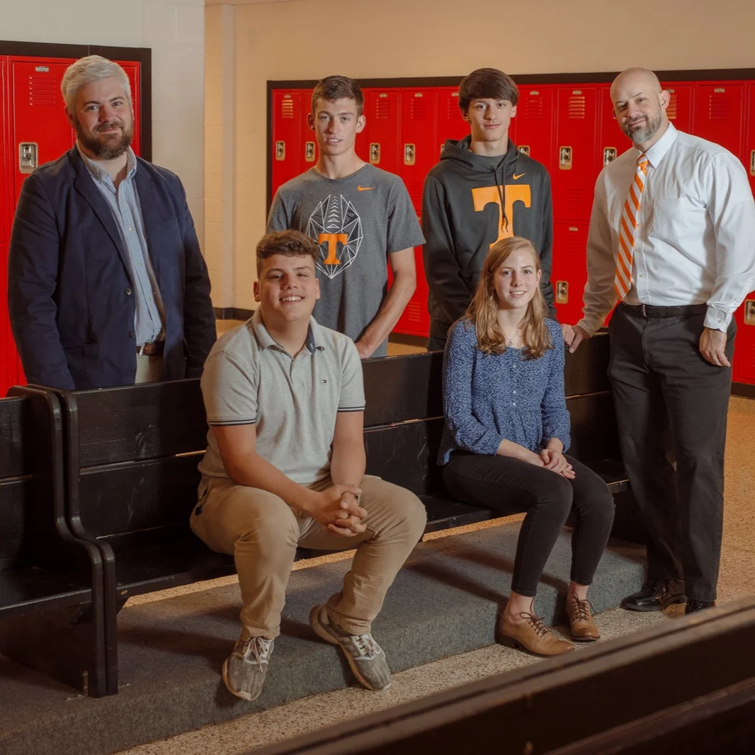 Tim (left) and his award-winning student podcasters. Read more about the NPR podcast challenge . Photo by Mike Belleme for NPR.