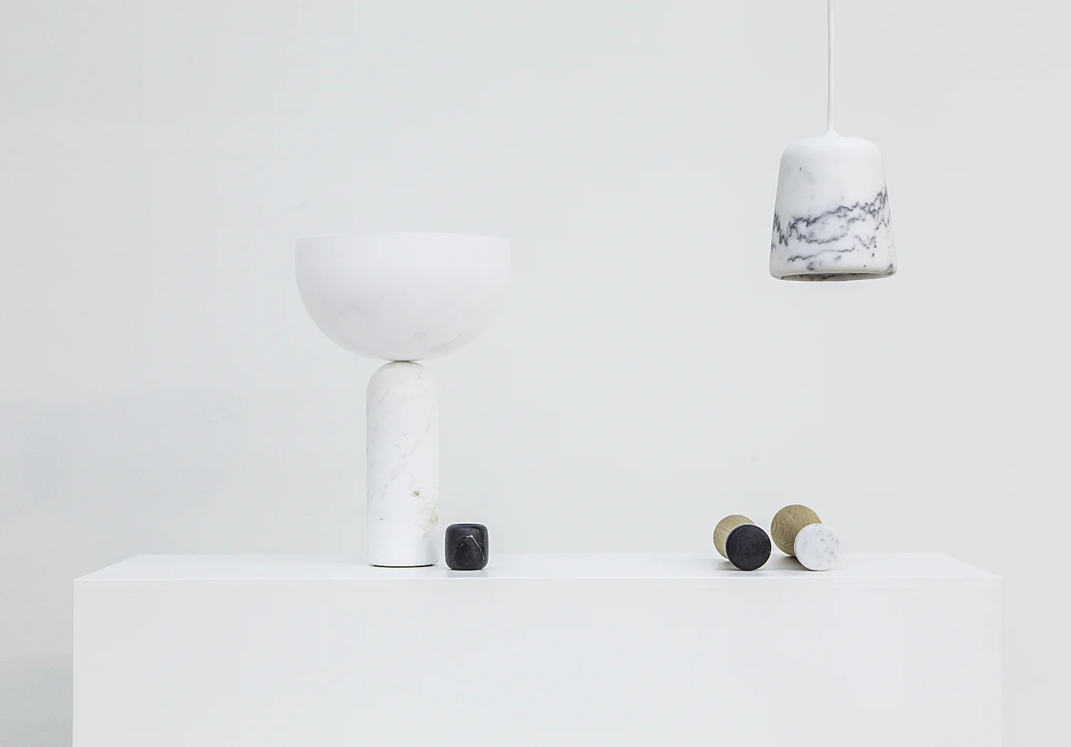 NEW WORKS products shown: Kizu Table Lamp - White Marble w. White Acrylic // Design: Lars Tornøe Balance Candle Holder - Black Marquina Marble, Small // Design: Kristina Kjær Material Pendant - White Marble // Design: Noergaard & Kechayas Karl-Johan Table Lamp - Black Marquina Marble w. Smoked Glass // Design: Signe Hytte