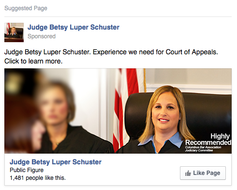 A Facebook ad promoting page likes for the Judge's Facebook page. These appeared in targeted Facebook user's timelines and in their sidebars.