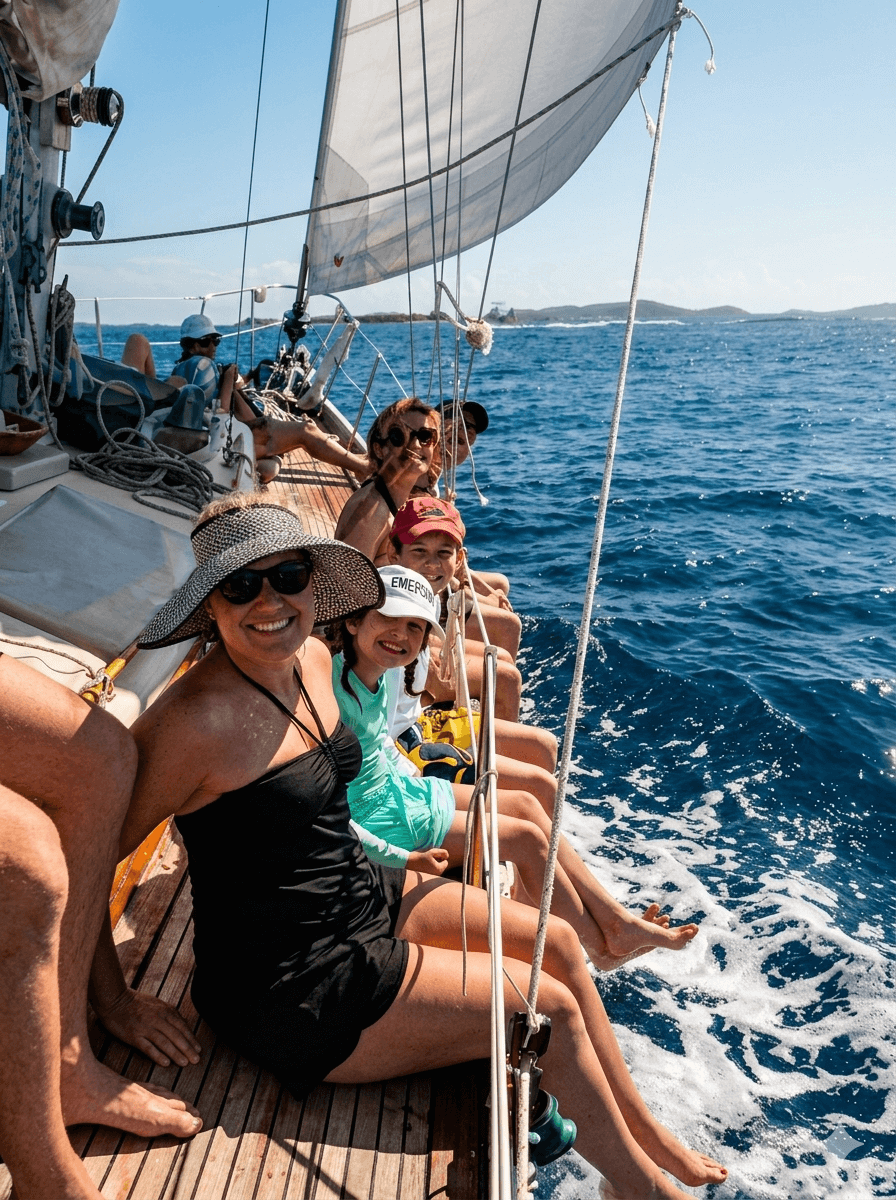 Family gathered on a Cimarron Yacht Charter sailboat, sailing through the beautiful waters of Cruz Bay, St John.