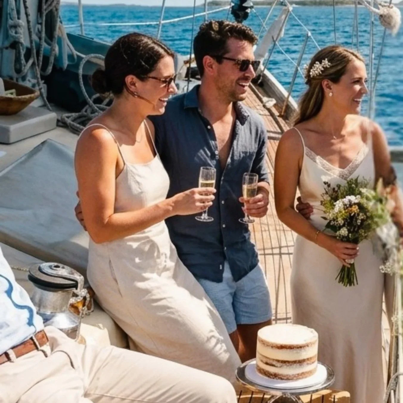 A bride and groom celebrate with a wedding cake and their friends on Cimarron sailboat in St John, USVI.