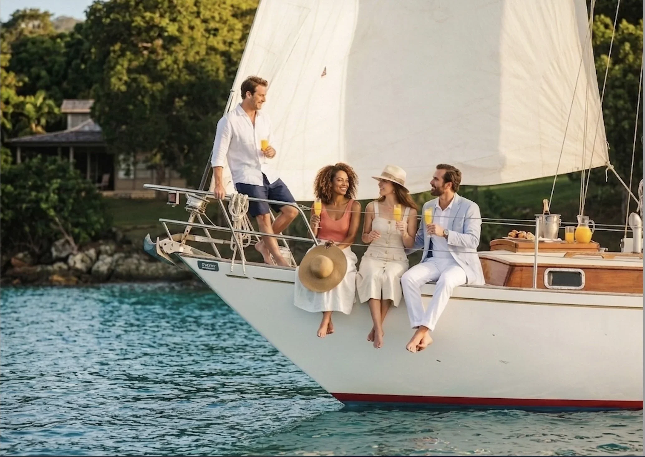 Four well dressed young professionals enjoy mimosas on board one of Cimarron Yacht Charters' sailboats in St John USVI.