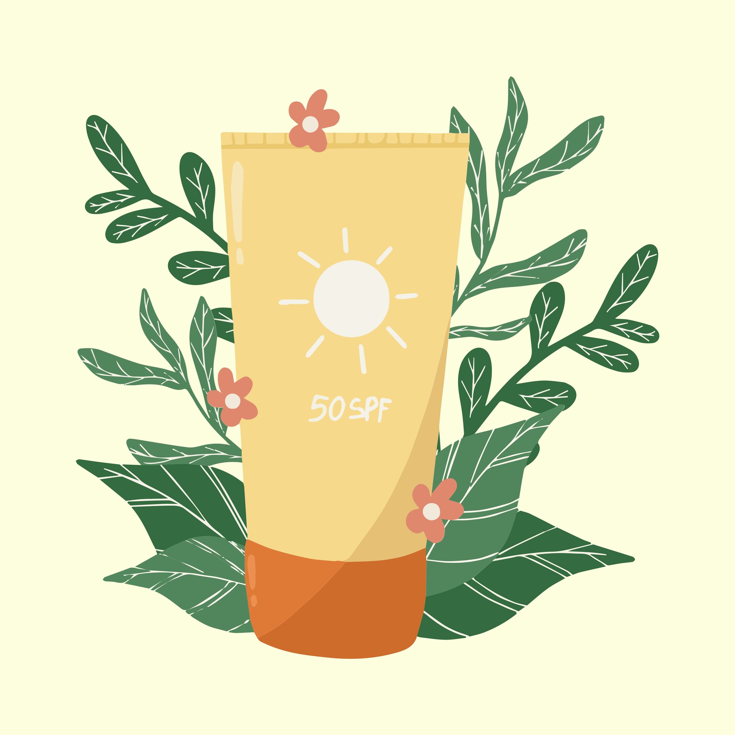 A digitalized illustration of a cheerfully yellow sunscreen bottle on a bed of green leaves.