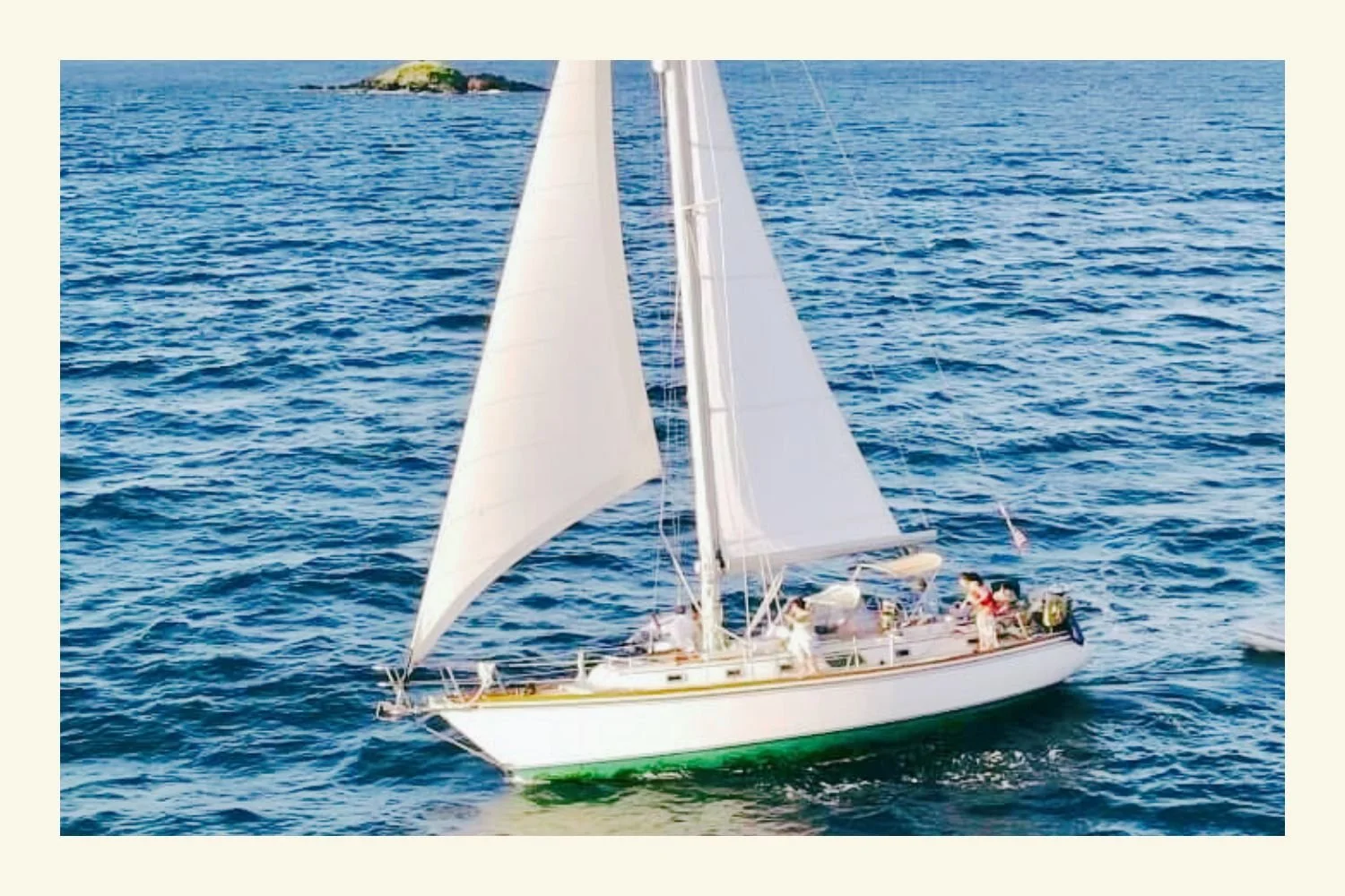 A classic sailboat, Cimarron, sails the waters of St John, USVI.