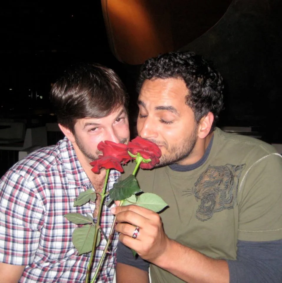 #throwbackthursday #41 - Paris 2008. High on love, I'm thinking, "OMG, Tim. You shouldn't have!" Tim: "Uh, he doesn't know these flowers came with the restaurant, but whatever works!" #rememberingtim
