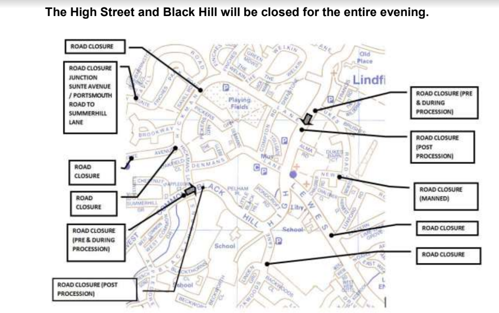 Road closures on the night in Lindfield, Tuesday 5th November 2019