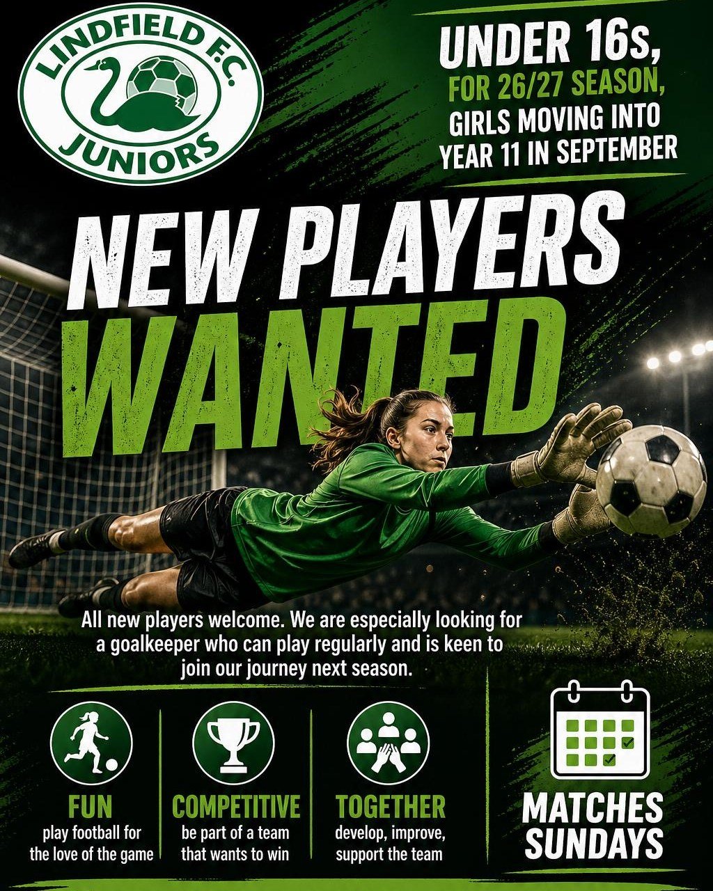 Lindfield FC Juniors are on the lookout for girls to join the U16s teams for 26/27 season. New players wanted, moving into Year 11 in September. Email: glennwatts2002@yahoo.co.uk for info... ⚽️ @@lindfieldjuniorsfc Lindfield Juniors FC
