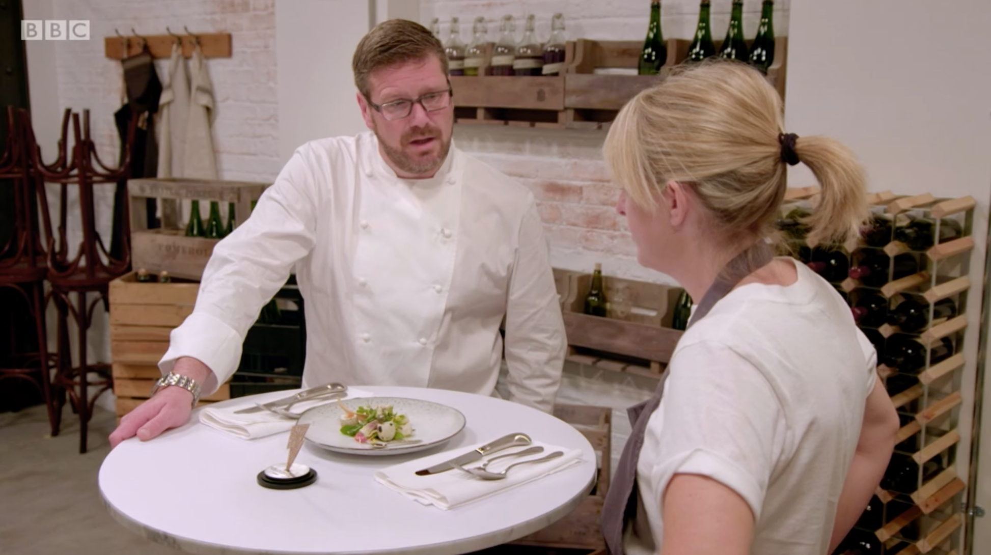 Emily serving up her starter to Daniel Clifford -