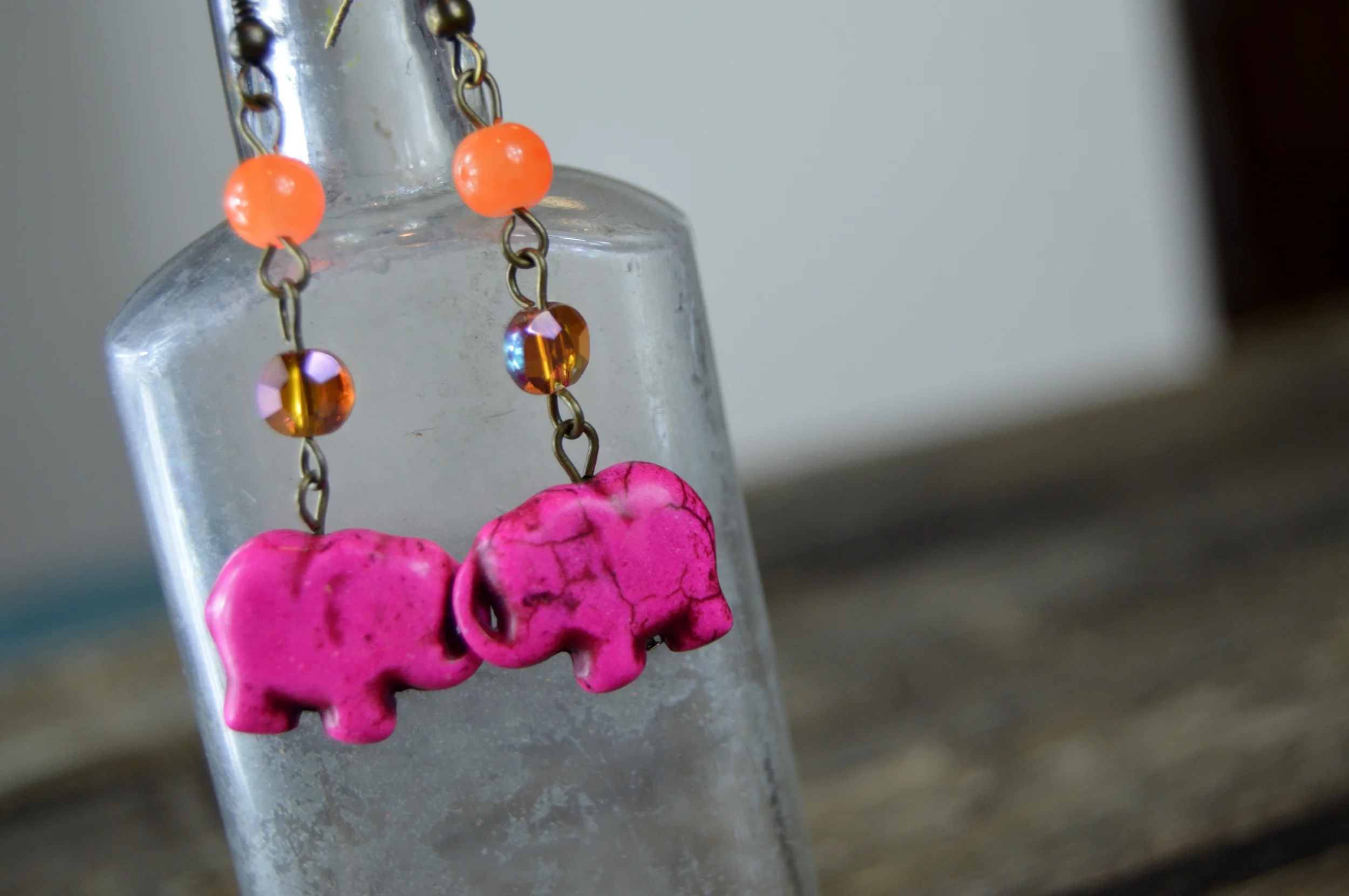Pink Elephant and Orange Earrings
