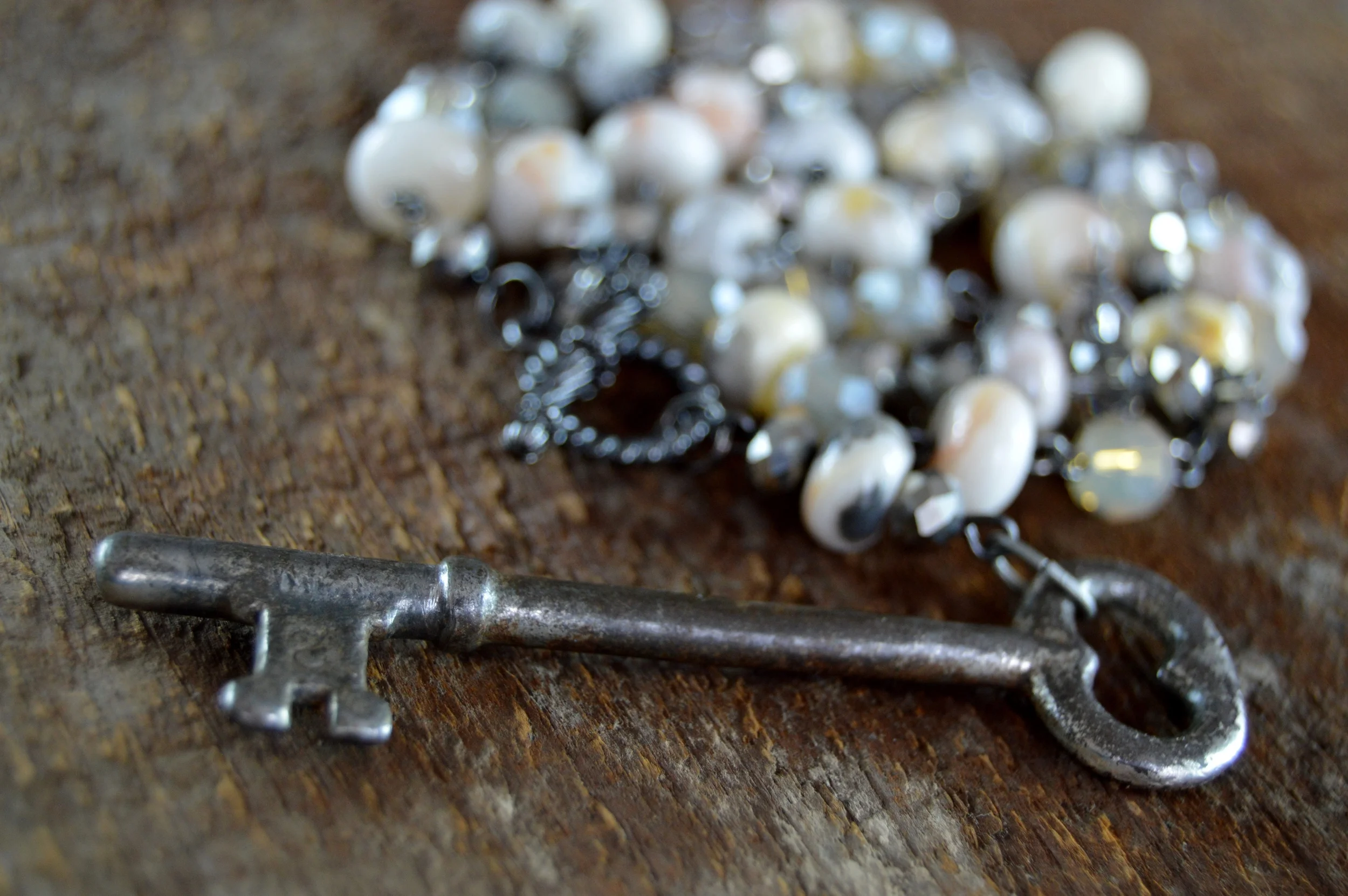 Crazy Agate, Silver and Champagne Antique Key No. 2 Necklace