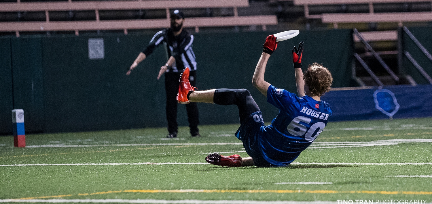 #60 Brad Houser finishes the first half on the turf. 