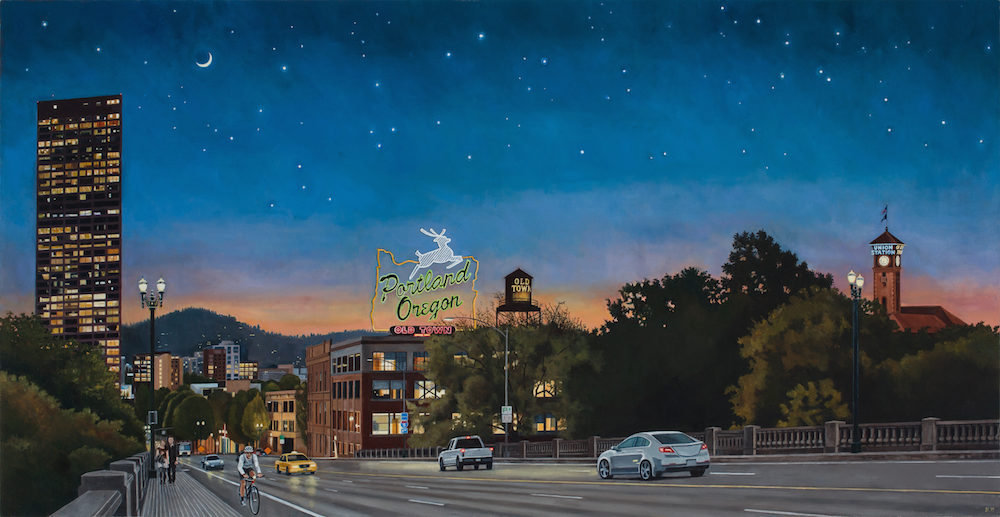 View from Burnside Bridge, oil on canvas, 32x62. This painting was quite the challenge for me, and I am pretty thrilled to call it done. Yes, I could have done a few more tweaks, but decided to let it go as it is. This past week I have been focused on it non-stop, outside of my jobs I do for rent and such, to the total neglect of my home surroundings! I can now put up my feet for a while and maybe get a Christmas tree and decorate it and make rolled cookies with frosting and sprinkles. Night paintings such as these look much better in person I have discovered, but this photo by Dan Kvitka is fantastic and I will most likely make large prints out of this at some point. 