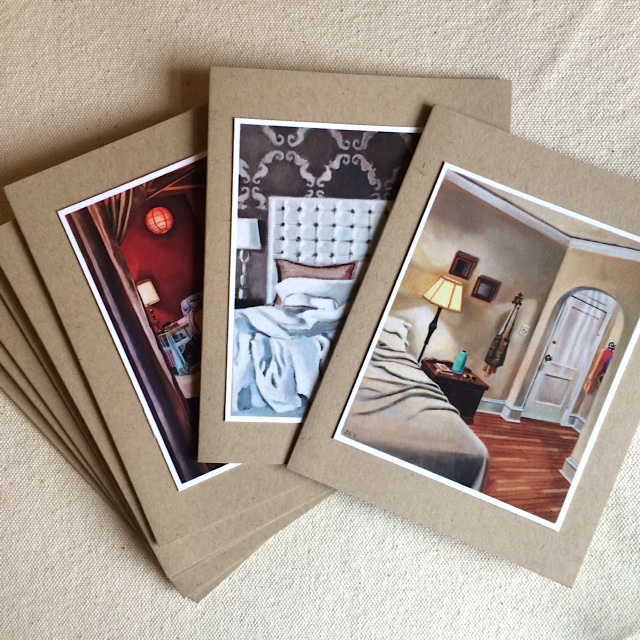 Gift cards on kraft fold-note cards, blank inside, with my logo and the name of the painting stamped on the back.