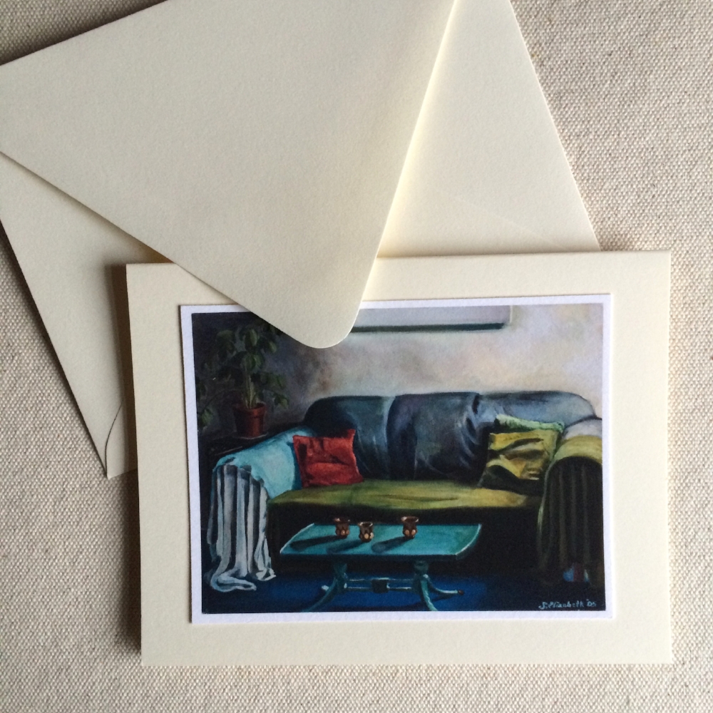 'Couch' fold note card on soft white fold note card, blank inside.