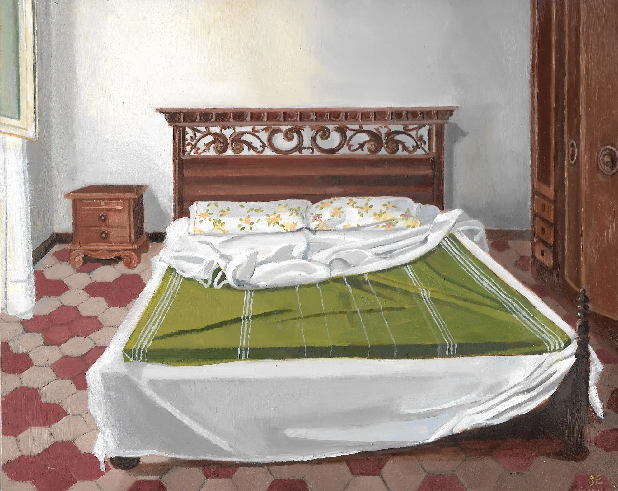 Bed in Siena Apartment, oil on panel, 8x10, Available