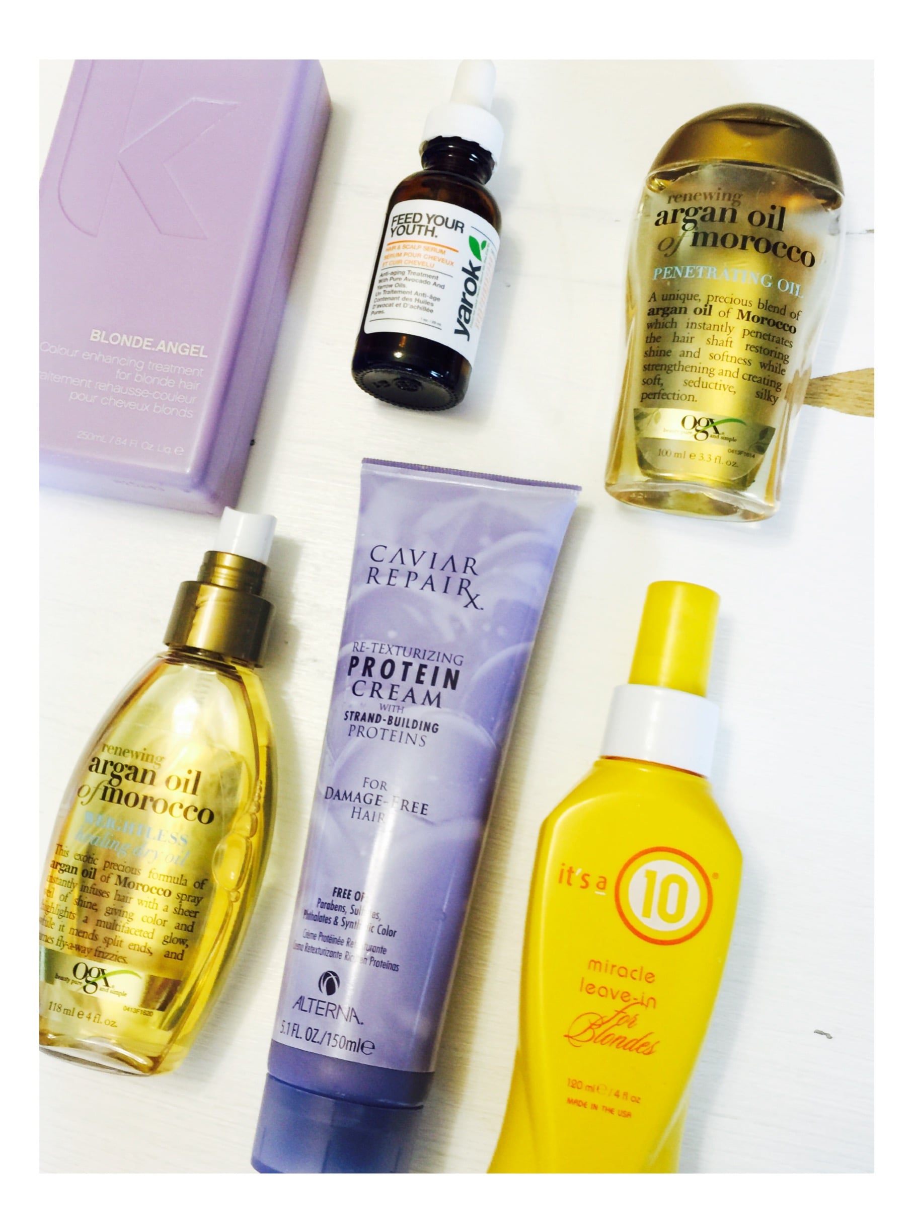 * Blonde Angel Purple Shampoo and Conditioner *Yarok Hair & Scalp Serum * Argon & Morocco oil (just what I have now) * Caviar RepairX Re-texturizing Protein Cream * It's a 10 Miracle Leave in For Blondes