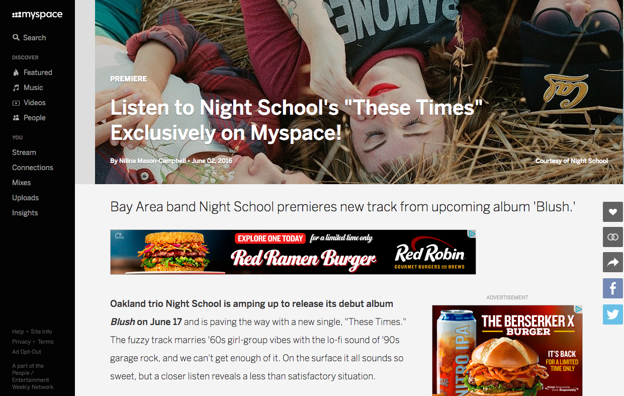 Myspace premieres "These Times" off Night School's Blush LP