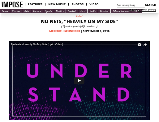 No Nets share lyric video for "Heavily on my Side" via Impose