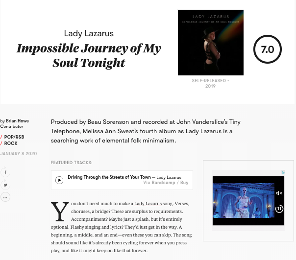 Lady Lazarus scores 7.0 on Pitchfork for new LP