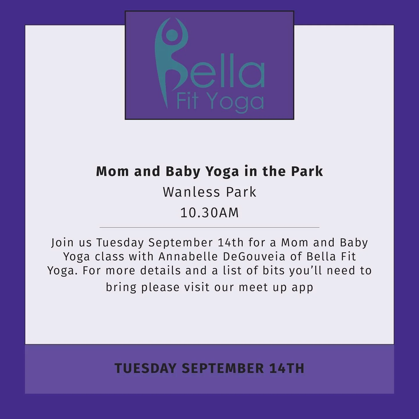 Come and join us at Wanless Park on Tuesday September 14th at 10.30am for Mom and Baby Yoga with @bellafityoga Weather you&rsquo;re new to yoga or a seasoned yogi, come join us for some much needed deep breathing, stretching, strengthening and fun. P