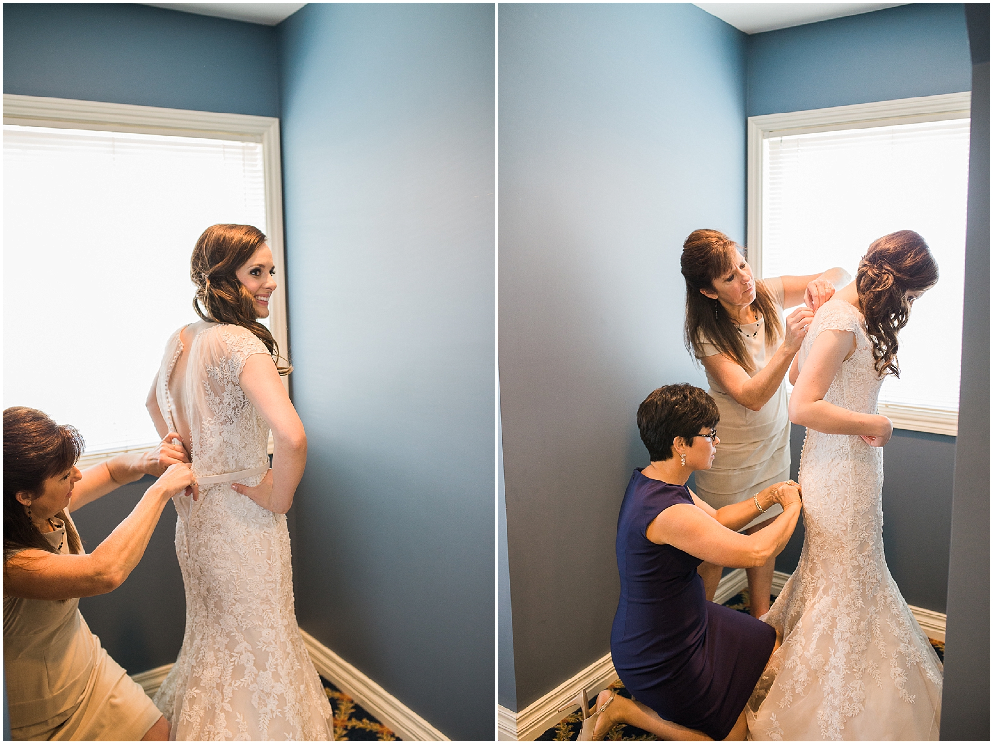 Bride getting dressed - UNO Thompson Center wedding