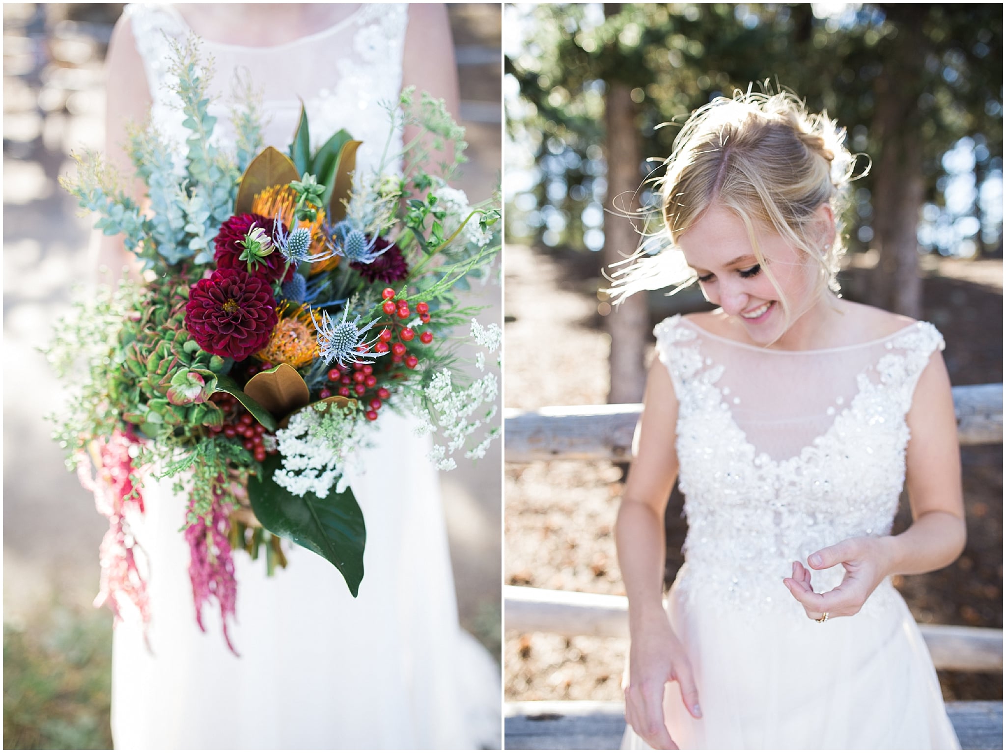 Colorado Mountain Wedding Photographer - green and maroon bridal bouquet