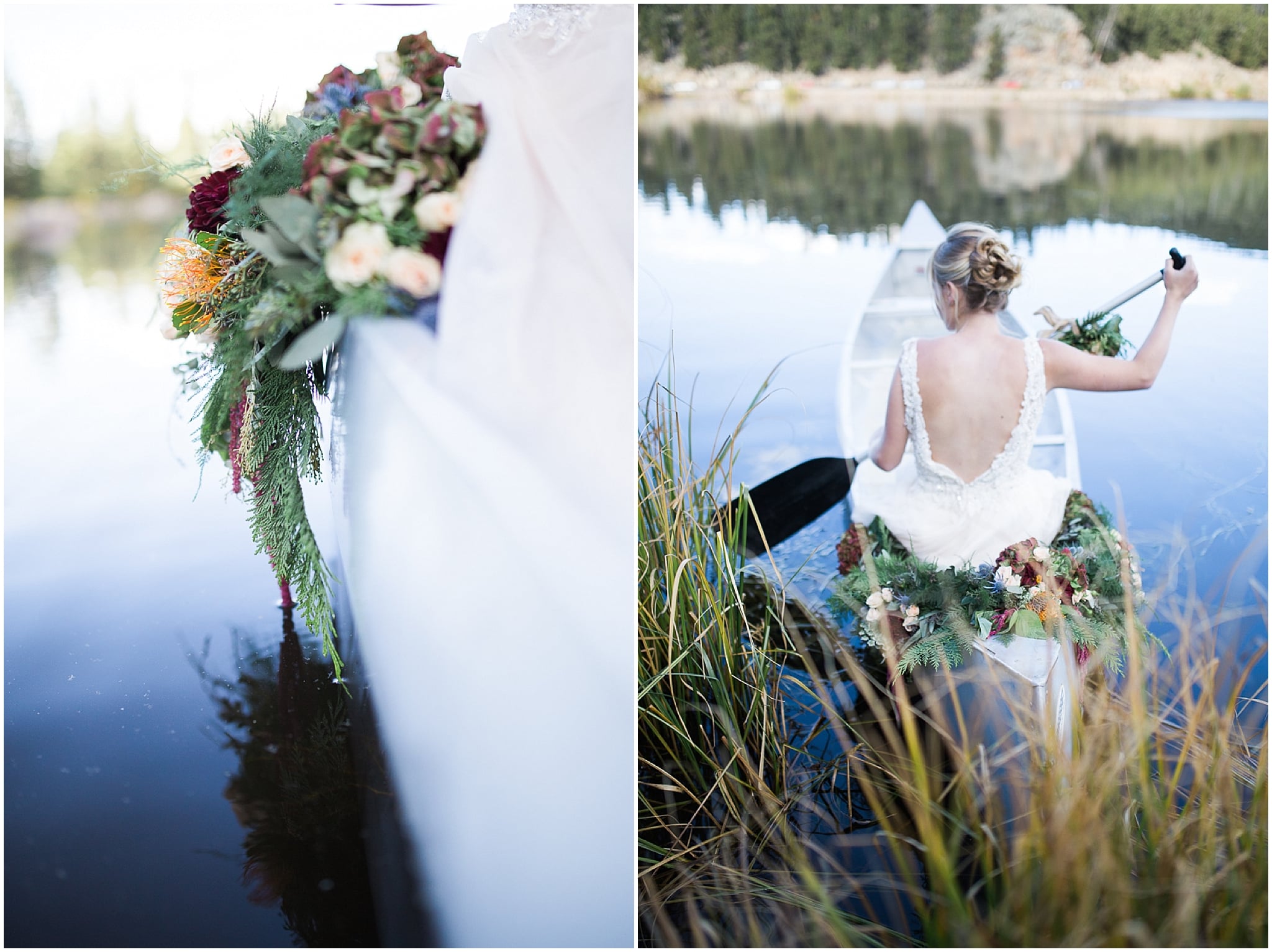 Colorado Mountain Wedding Photographer - bride rowing canoe with flowers