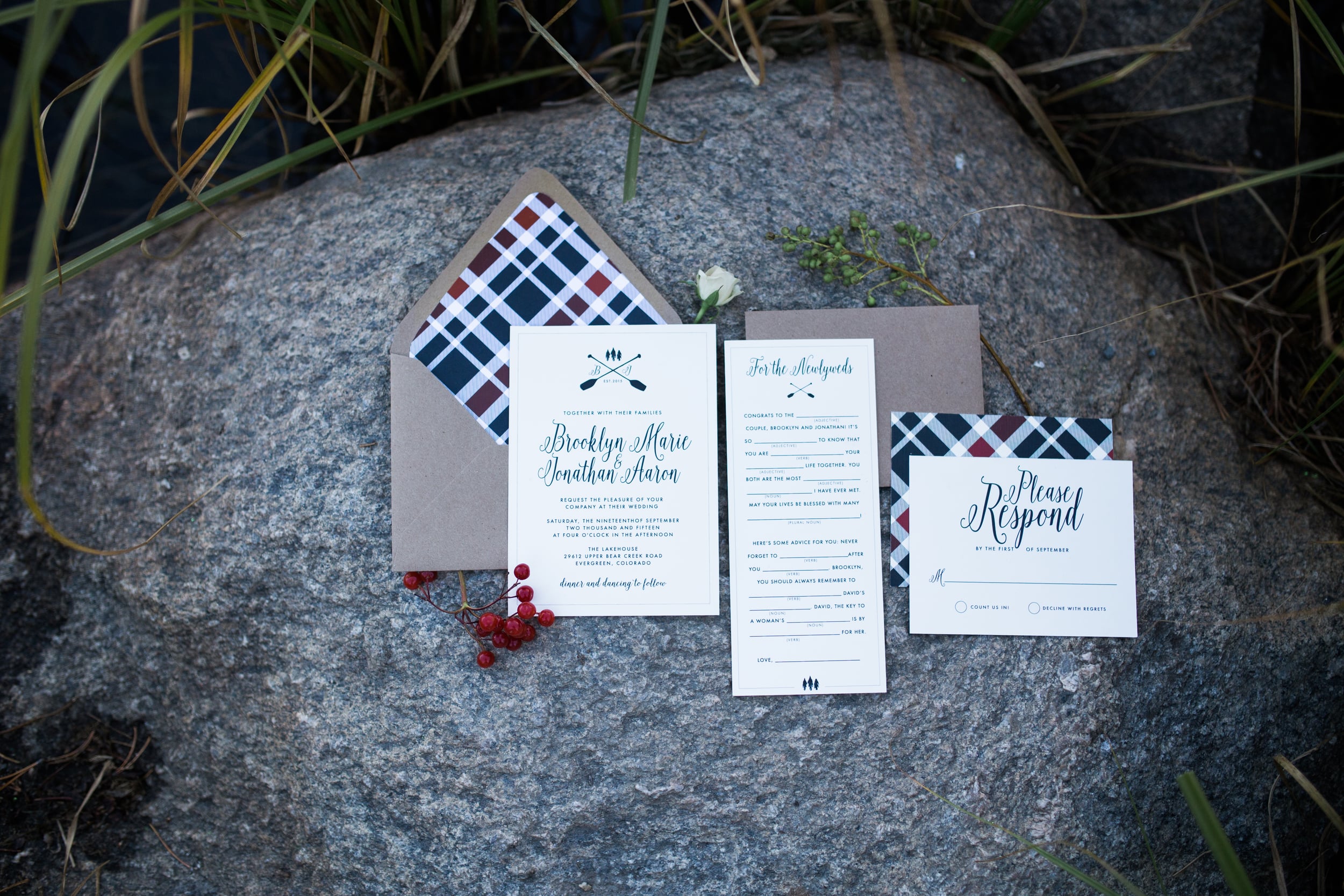 Colorado Mountain Wedding Photographer - plaid wedding invitation suite