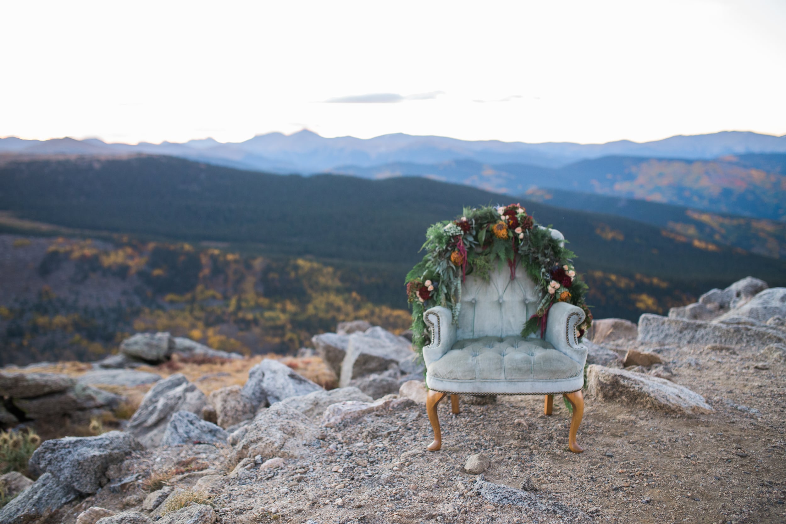 Colorado Mountain Wedding Photographer - bridal chair with flowers