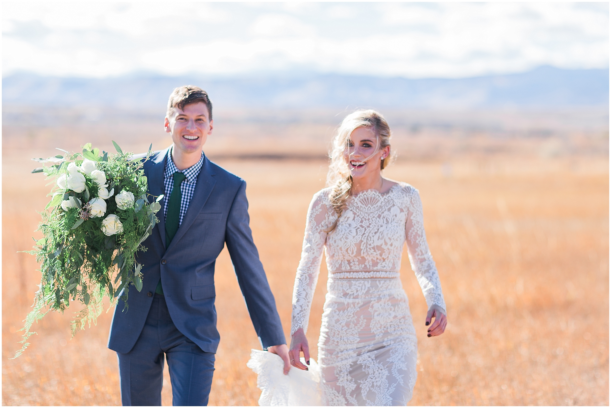 bride and groom in field