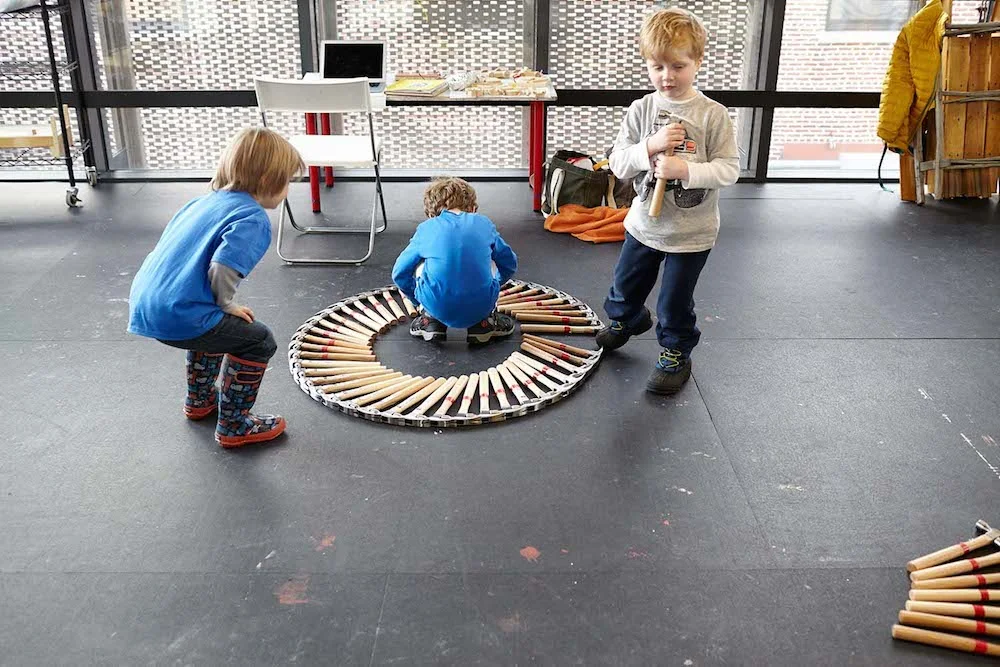 Every day, one of Winsor's teachers arranges the hammers in a different pattern on the floor.