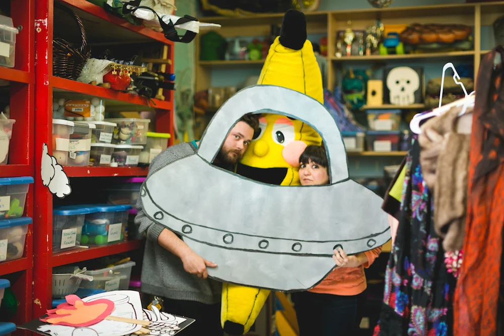 Elizabeth Levy and Joseph Schupbach lead Barrel of Monkeys from a spaceship