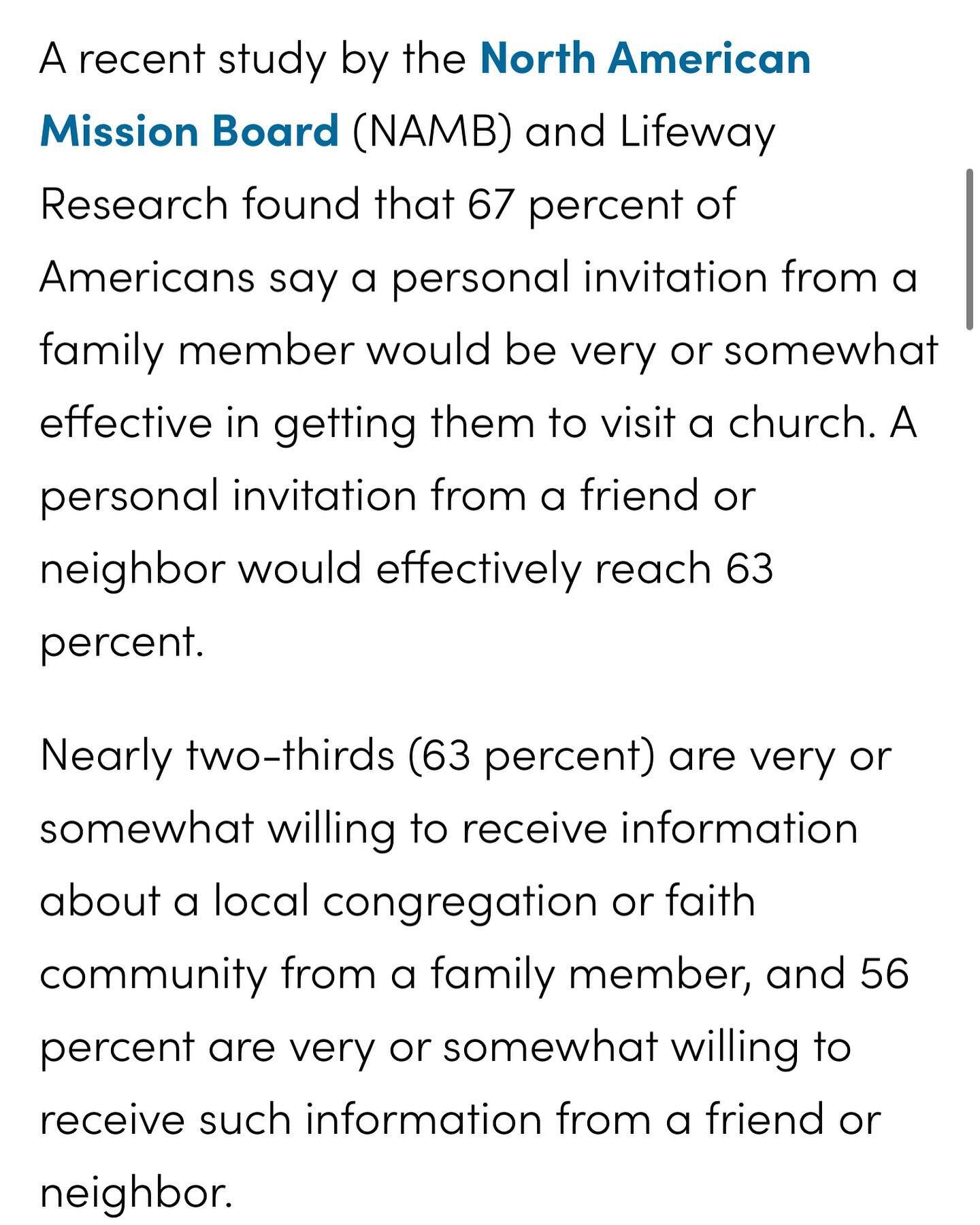 Did you know that a majority of people would respond positively to an invitation from a friend or family member to attend church? In fact, a personal invitation is by and far the most effective means of getting someone to attend a church service. Add