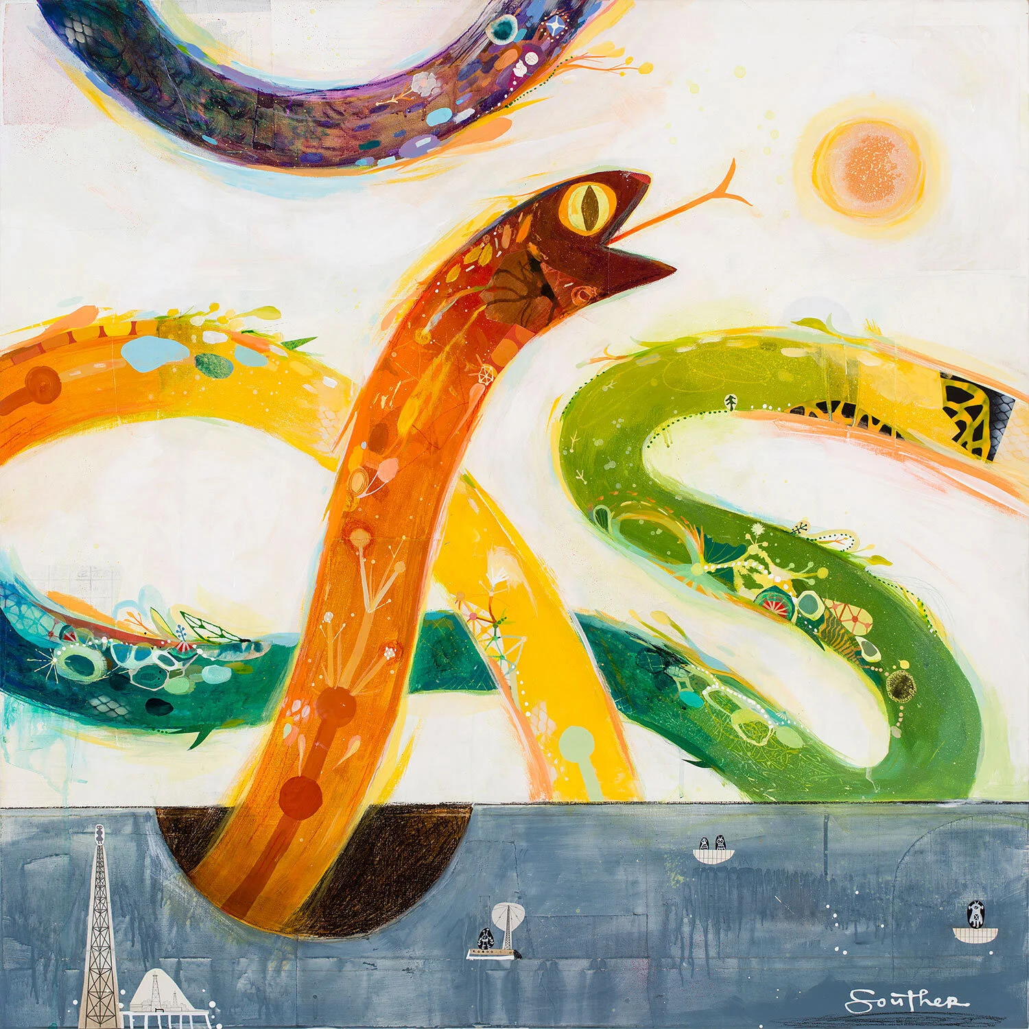 Awakening Acrylic, ink, crayon, &amp; collage on wood 36 x 36 inches