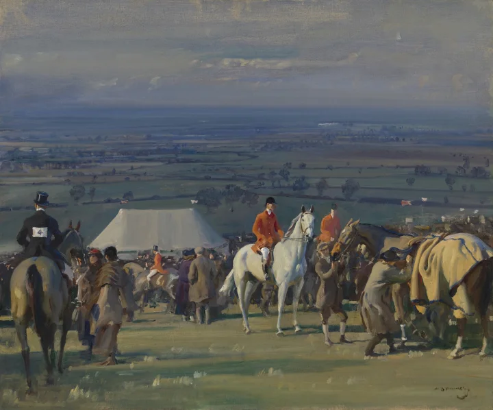 Alfred James Munnings, “The Belvoir Point-to-Point Meeting on Barrowby Hill, Painted on Woolsthorpe” (1920–21), oil on canvas. 25 x 30 inches, Paul Mellon Collection, Virginia Museum of Fine Arts, Richmond, image © Virginia Museum of Fine Arts.