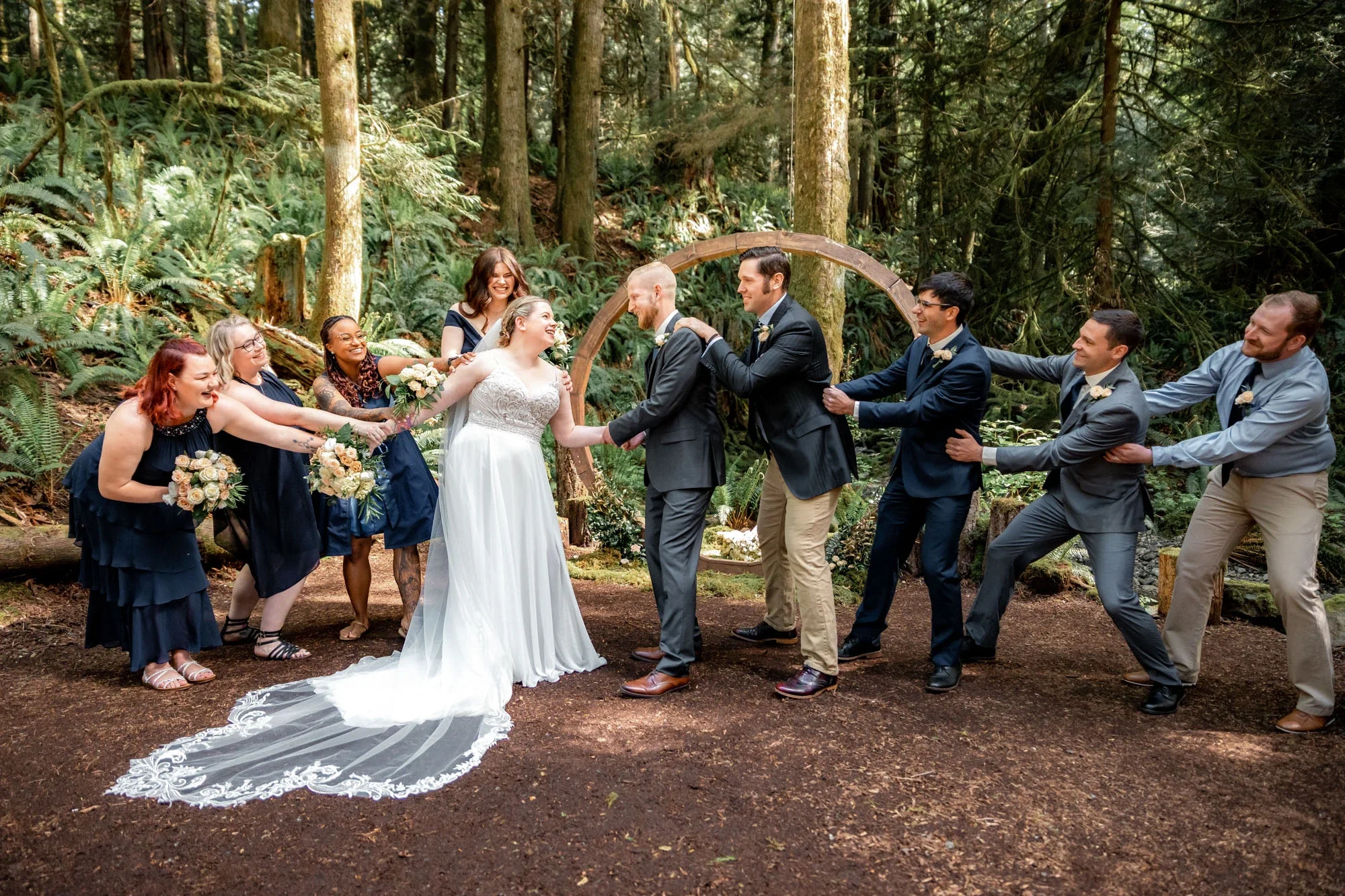Joyful and hilarious bridal party moment in the ancient rainforest of Abbotsford, British Columbia. The bride and groom laugh in the center as their bridesmaids and groomsmen playfully pull them apart under a beautiful wooden wedding arch – pure fun 
