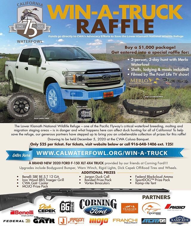 IT&rsquo;S ON!!! The @calwaterfowl 75th Anniversary Super Truck Raffle!! If you want 3 sprig, mallards back to historic Pacific  Flyway  levels, wetlands with sustainable supply&rsquo;s of water, and folks fighting daily to defend your hunting herita