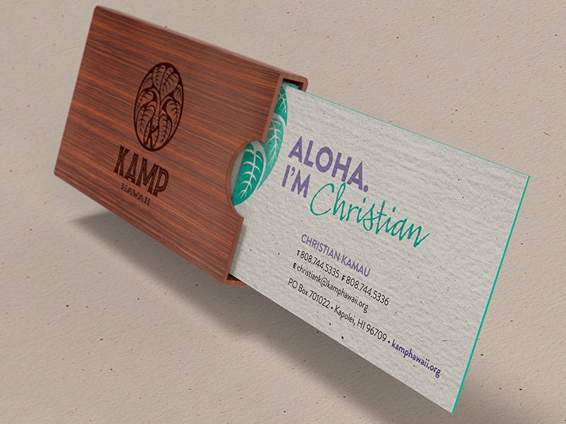Business card and laser-etched Koa wood business card holder.