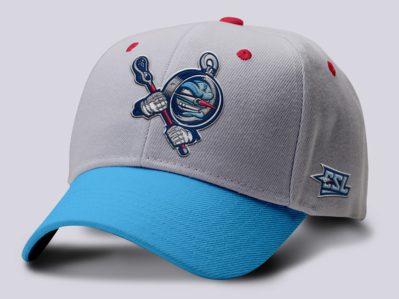 Player ball cap front with embroidered mascot and monogram patches