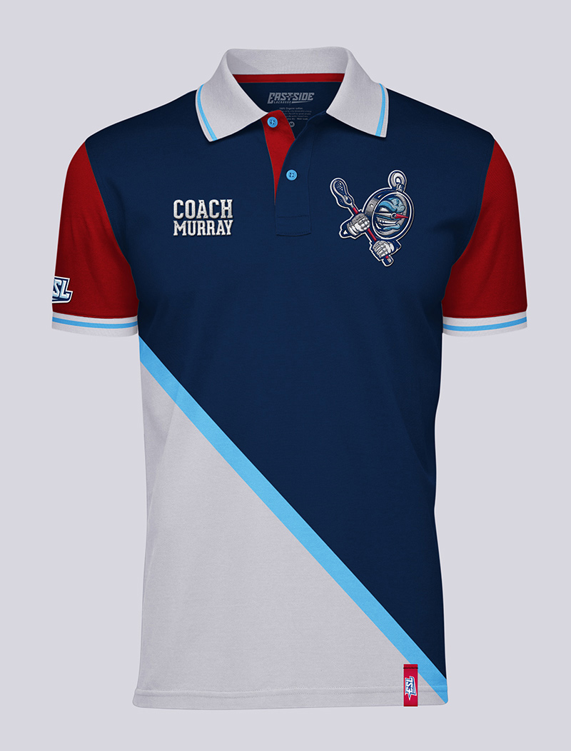 Coach's polo shirt with with embroidered patches, silk-screened sleeve and inner collar, and sewn garment tag