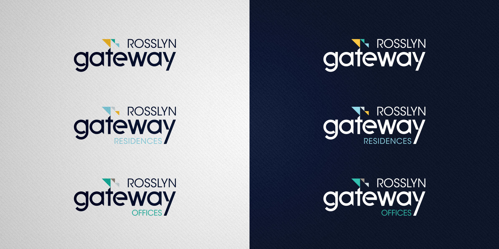 Logo system showing property-wide logo, residential tower logo, and office tower logo.