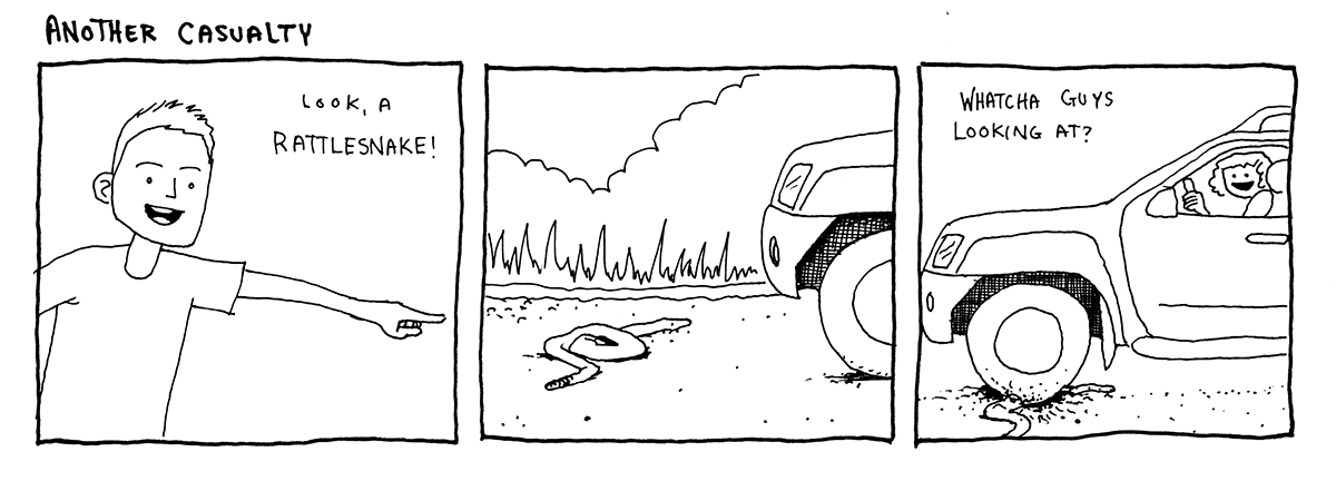 More comics about death! This was pretty sad, but I’m telling myself that the rattlesnake was probably already dead. After all, it was hanging out in the road well after sunset and it was pretty cold outside? In any case, he’s in the happy hunting grounds now, stuffed full of rodents.