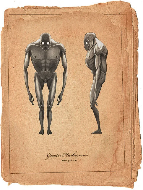 Our assignment in class yesterday was to design a creature based off human anatomy, so here we go:
The harborman spends nearly all its life partially submerged in the shallow lagoons and marshes of the Heigel Estuary. Its narrow legs allow it to move through the water with relative ease, snatching small fish, birds, and frogs with deft fingers. A buoyant torso keeps the harborman well afloat, as it does not possess the ability to breathe underwater. The harborman may occasionally traverse dry land, though this is a taxing venture and will soon lead to exhaustion or injury.
Harbormen pose little threat to their human cousins, and are in fact seldom seen except in seasons of extreme drought when they venture afield in search of food.