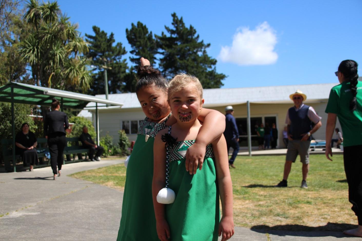 Mānia Ieremia and Tamairangi Norton, members of the Omaka Honomai kapa haka at the anniversary of the marae and launch of Pā Ora, Pā Wānanga.